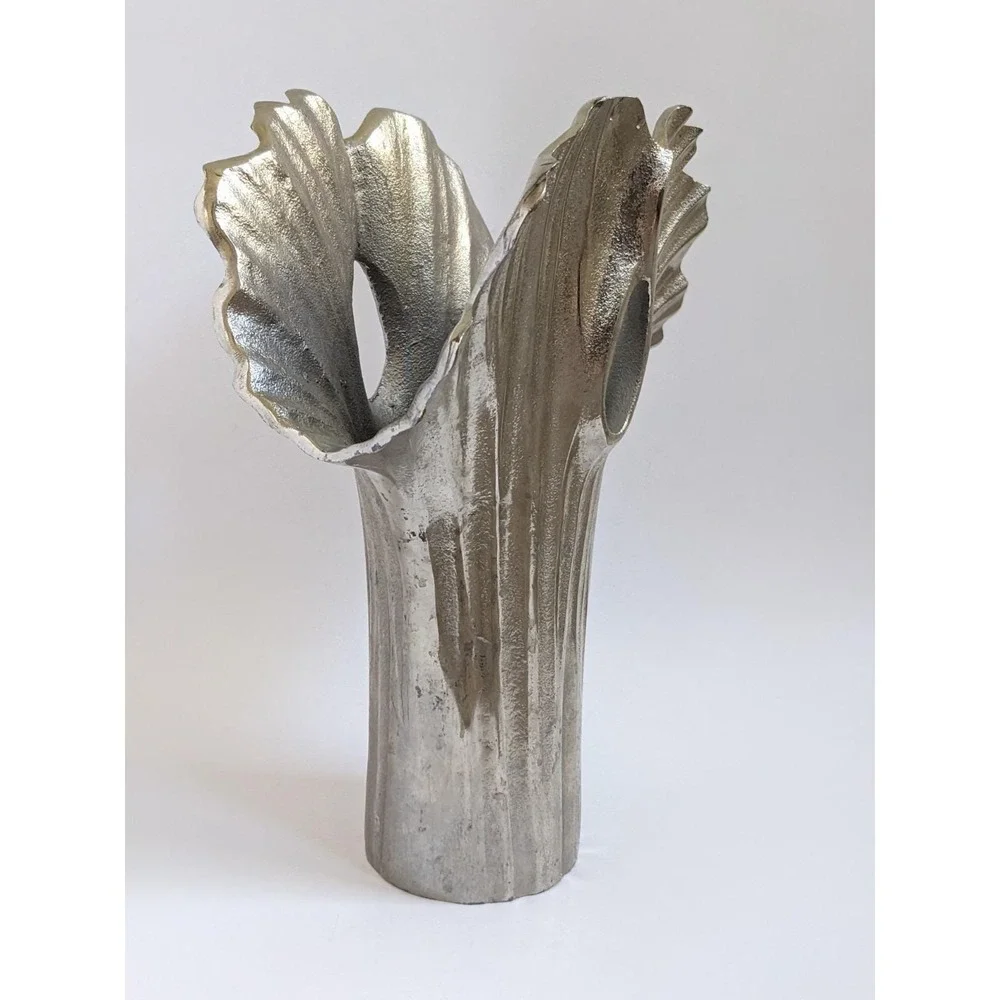 Postmodern Ginkgo Leaf Metal Vase Cast Aluminum? Sculptural Silver Decor 12.5